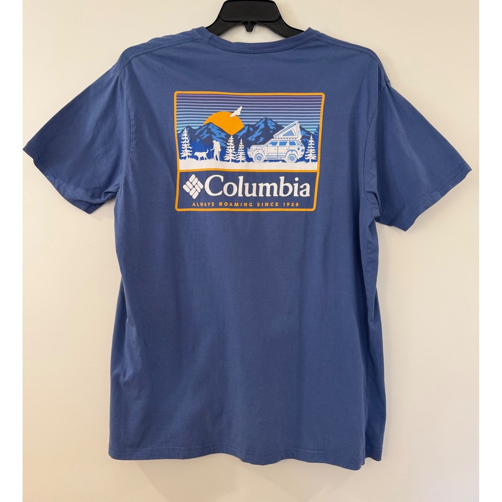 Columbia Mens XL Blue Graphic T-Shirt Always Roaming Mountains Hiker Overlanding